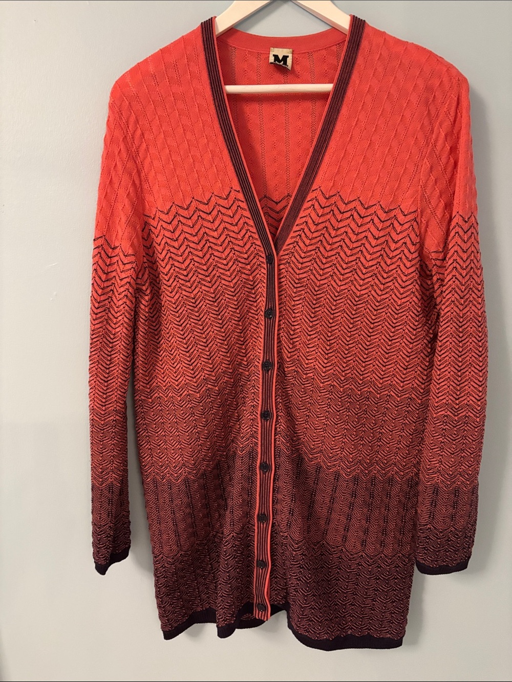 M by Missoni Coral to Burgundy Ombre V-Neck Button Cardigan